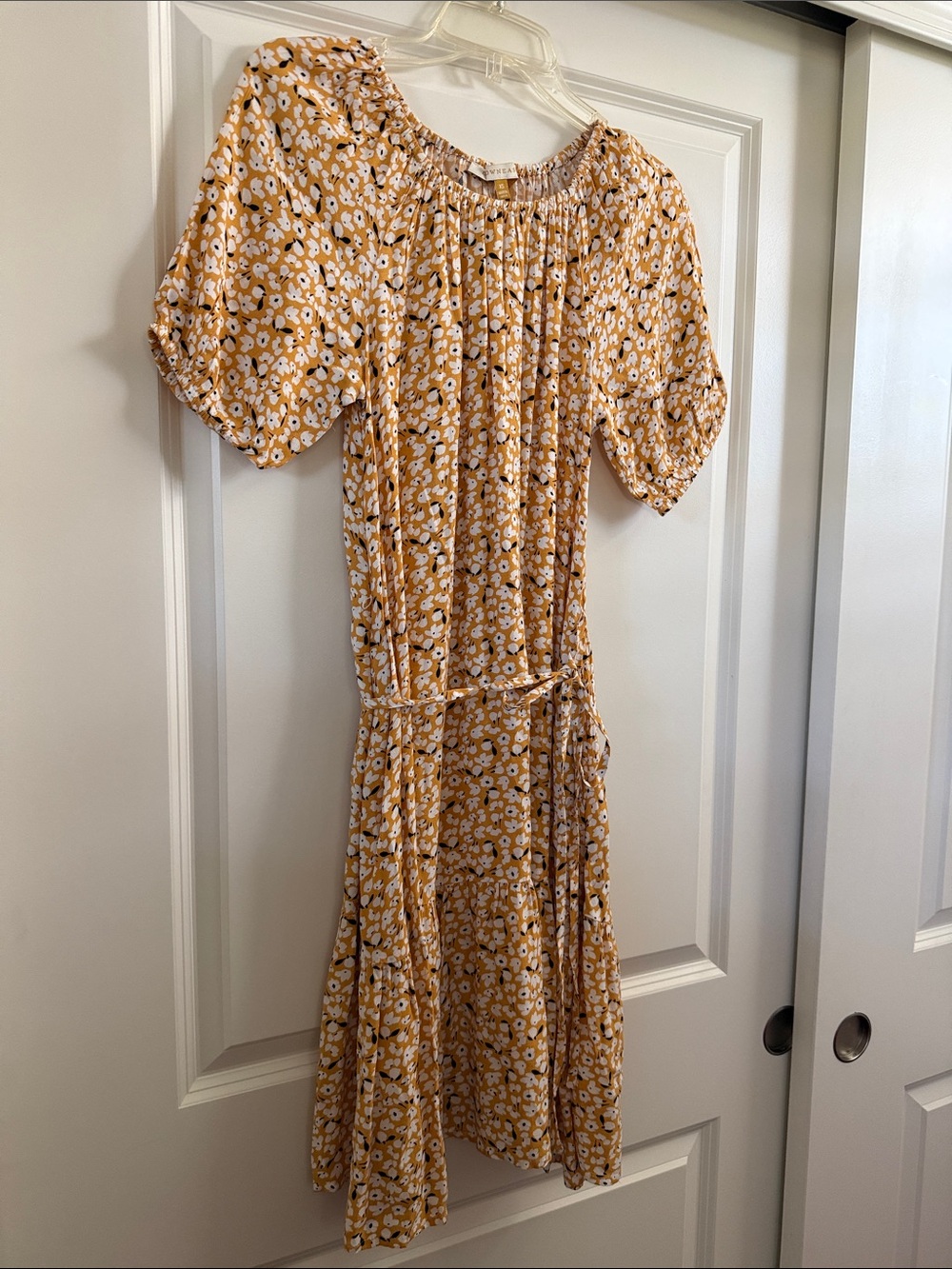 DownEast Mustard Yellow Floral Tiered Midi Dress